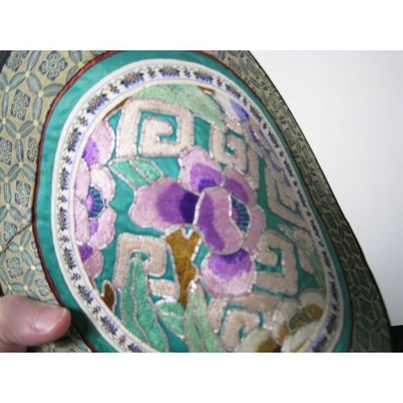 Vintage Asian Chinese Embroidered Silk Art Floral Panel Handmade Textile Round - Picture 3 of 6